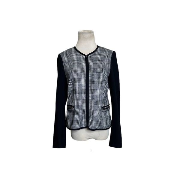 Talbots Black white Plaid Front Solid Sleeves Zip Blazer Jacket size 4 - Picture 8 of 9